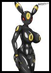  abs anthro big_breasts breasts bulge clothing eeveelution generation_2_pokemon gynomorph hi_res intersex latex looking_at_viewer nintendo nitefire pokemon pokemon_(species) red_sclera rubber rubber_clothing rubber_suit simple_background solo umbreon white_background zipper 
