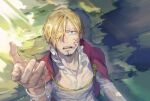  1boy alternate_costume blonde_hair blood blood_on_face blue_eyes bracelet cape crying curly_eyebrows facial_hair hair_over_one_eye jewelry looking_up male_focus official_alternate_costume one_piece open_mouth red_cape sanji_(one_piece) shirt short_hair teeth tobu_0w0 wet wet_clothes wet_shirt white_shirt 