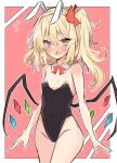  1girl @_@ animal_ears bangs black_leotard blonde_hair blush breasts cleavage covered_navel crystal detached_collar flandre_scarlet flying_sweatdrops groin highres leotard looking_at_viewer medium_hair nono54558 one_side_up open_mouth playboy_bunny pointy_ears rabbit_ears red_background red_eyes small_breasts solo touhou upper_body wings 