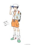  1boy alternate_costume backpack bag black_bag black_eyes black_hair breast_pocket bright_pupils collared_shirt commentary_request giacomo_(pokemon) hand_up hat holding_laptop kneehighs knees male_focus ohhhhhhtsu orange_shorts parted_lips pocket pokemon pokemon_(game) pokemon_sv shirt shoes short_hair short_sleeves shorts socks solo standing translation_request white_footwear white_headwear white_shirt white_socks 