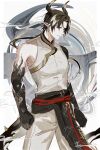  1boy arknights bare_shoulders black_hair black_sash chong_yue_(arknights) clenched_hands closed_eyes commentary_request cowboy_shot grey_pants grey_shirt highres horns long_hair male_focus pants pointy_ears sash shirt sleeveless sleeveless_shirt solo standing tail zuo_daoxing 