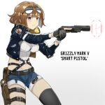  1girl absurdres aiming belt blush breasts brown_hair colored_inner_hair commission english_commentary eyewear_on_head fur-trimmed_jacket fur_trim gamryous girls&#039;_frontline gloves grizzly_mkv_(girls&#039;_frontline) gun highres holster jacket large_breasts multicolored_hair partially_fingerless_gloves purple_eyes short_hair shorts smart_pistol solo sunglasses thigh_holster titanfall_(series) titanfall_2 trigger_discipline weapon zipper 