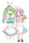  2girls alina_gray alternate_costume alternate_hairstyle animal_ears apron bow boyano breasts cake cake_slice closed_mouth collaboration crop_top fake_animal_ears finger_to_mouth food frills green_eyes green_hair hair_between_eyes highres holding holding_hands holding_plate kojima_terashi long_hair magia_record:_mahou_shoujo_madoka_magica_gaiden mahou_shoujo_madoka_magica midriff misono_karin multicolored_hair multiple_girls navel pink_bow pink_hair plate rabbit_ears sidelocks simple_background skirt sleeve_cuffs small_breasts smile streaked_hair thighhighs tongue tongue_out twintails waist_apron white_thighhighs 