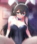  1girl animal_ears black_hair black_leotard bow bowtie breasts breath commentary_request cowboy_shot fishnet_pantyhose fishnets green_eyes hhh_(wave) implied_sex kantai_collection leotard long_hair looking_at_viewer medium_breasts motion_blur ooyodo_(kancolle) open_mouth out-of-frame_censoring pantyhose playboy_bunny purple_bow purple_bowtie rabbit_ears semi-rimless_eyewear small_breasts smile solo spread_legs under-rim_eyewear 