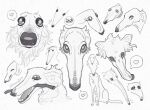  borzoi bouncytuna closed_mouth dog emoji full_body greyscale heart highres looking_at_viewer meme monochrome mouth_hold no_shoes open_mouth original pleading_face_emoji sharp_teeth simple_background socks speech_bubble spoken_heart stick teeth twitter_username white_background 