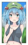  1girl bangs black_tank_top blue_eyes blue_hair blurry blurry_background border breasts flat_cap green_headwear hair_bobbles hair_ornament hat highres kawashiro_nitori looking_at_viewer medium_breasts navel nono54558 one-hour_drawing_challenge open_mouth outdoors solo sweat tank_top touhou two_side_up upper_body 