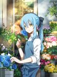  1other ambiguous_gender apron bangs black_bow blue_apron blue_flower blue_hair bow closed_mouth collared_shirt flower hair_between_eyes hair_bow highres holding holding_flower long_hair pink_flower ponytail rimuru_tempest shiny_hair shirt shoura solo striped striped_apron tensei_shitara_slime_datta_ken white_shirt wing_collar yellow_eyes yellow_flower 