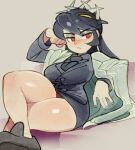  1girl alternate_costume black_eyeshadow black_hair breasts business_suit eyeshadow filia_(skullgirls) formal futakuchi-onna large_breasts living_hair long_hair makeup prehensile_hair red_eyes samson_(skullgirls) skullgirls suit thick_thighs thighs wamudraws 