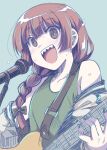  1girl :d bangs bass_guitar black_bow black_jacket black_nails blunt_bangs blush bocchi_the_rock! bow braid dress green_dress hair_bow hair_over_shoulder hiroi_kikuri holding holding_instrument instrument inui_sekihiko jacket long_hair long_sleeves looking_at_viewer microphone microphone_stand multicolored_clothes multicolored_jacket music open_clothes open_jacket open_mouth playing_instrument purple_hair sharp_teeth simple_background singing single_braid smile solo sweatdrop teeth two-tone_jacket upper_body white_jacket 