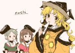  3girls :&gt; :t arm_at_side bangs black_headwear blonde_hair blunt_bangs blunt_ends brown_hair closed_mouth constellation_print detached_sleeves dot_nose eating food food_in_mouth frills grey_hair hand_up hat hatching_(texture) holding holding_food itomugi-kun linear_hatching long_hair long_sleeves looking_at_viewer looking_to_the_side matara_okina mochi mochi_trail multiple_girls nishida_satono orange_sleeves orange_tabard parted_bangs print_tabard puffy_short_sleeves puffy_sleeves romaji_text short_hair_with_long_locks short_sleeves side-by-side sidelocks simple_background solid_oval_eyes sun_print sun_symbol tabard tate_eboshi teireida_mai touhou upper_body v-shaped_eyebrows wavy_hair wide_sleeves yellow_eyes 