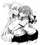  2girls bangs blush bocchi_the_rock! breasts crumbling cube_hair_ornament gotou_hitori greyscale hair_between_eyes hair_ornament hug ireading jacket kita_ikuyo large_breasts long_hair long_sleeves looking_at_another monochrome multiple_girls one_eye_closed one_side_up open_mouth school_uniform simple_background skirt smile sweatdrop track_jacket white_background 
