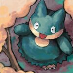 :d black_eyes branch claws english_commentary fangs from_above looking_at_viewer munchlax no_humans open_mouth pokemon pokemon_(creature) sailorclef smile solo 