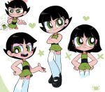  1girl :d bangs bare_arms bare_shoulders black_dress black_footwear black_hair blush buttercup_(ppg) crossed_arms dress fang full_body green_dress green_eyes heart highres kim_crab looking_at_viewer multiple_views open_mouth powerpuff_girls shiny_hair short_hair smile speech_bubble teeth thighhighs two-tone_dress upper_teeth_only wavy_mouth white_background white_thighhighs 