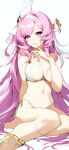  1girl ahivemind bare_arms bare_legs bikini breasts cleavage elysia_(honkai_impact) finger_to_mouth highres honkai_(series) honkai_impact_3rd large_breasts long_hair looking_at_viewer navel parted_lips pink_hair red_eyes shiny_hair side-tie_bikini_bottom sitting smile solo swimsuit very_long_hair white_background white_bikini 