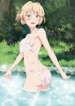  1girl absurdres ass bathing blade_(kaiyari) blonde_hair blush breasts charka green_eyes highres in_water kaifuku_jutsushi_no_yarinaoshi_~sokushi_mahou_to_skill_copy_no_chouetsu_heal~ looking_at_viewer medium_breasts outdoors shiny_hair shiny_skin short_hair sideboob solo wet wet_clothes 