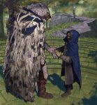  2023 anthro bandage beard biped blaidd_(elden_ring) blue_cloak blue_hood boots canid canine canis claws cloak clothing coat detailed_background digital_media_(artwork) duo elden_ring facial_hair fangs finger_claws footwear fromsoftware fur grey_body grey_fur hi_res human male mammal outside roamingthrough teeth topwear wolf wounded 