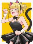  1girl :p absurdres animal_ears bangs bare_shoulders black_bow black_bowtie black_dress blonde_hair blush_stickers boku_no_hero_academia border bow bowtie breasts cat_ears cat_tail cleavage detached_collar double_bun dress fake_animal_ears hair_bun hand_up highres large_breasts medium_hair messy_hair neko_manma paw_pose pleated_dress shiny_hair slit_pupils solo strapless strapless_dress tail toga_himiko tongue tongue_out white_border wrist_cuffs yellow_background yellow_eyes 