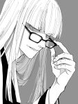  1boy adjusting_eyewear ai_(ai1470) bangs bleach blunt_bangs glasses greyscale highres hirako_shinji long_hair looking_at_viewer male_focus monochrome solo teeth upper_body 