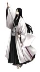  1girl black_hair black_hakama black_kimono bleach bleach:_the_thousand-year_blood_war hakama haori highres holding holding_sheath holding_sword holding_weapon hoshi_san_3 japanese_clothes katana kimono long_hair long_sleeves looking_at_viewer parted_lips sheath solo sword taichou_haori unohana_retsu unsheathing weapon white_background wide_sleeves 