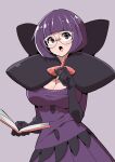  1girl black_bow black_bowtie bob_cut book bow bowtie breasts cleavage collarbone elbow_gloves glasses gloves highres hirakata_masahiro holding holding_book holding_pen large_bow large_breasts pen pleated_skirt pokemon pokemon_(game) pokemon_bw pokemon_bw2 purple_hair purple_skirt round_eyewear shauntal_(pokemon) short_hair simple_background skirt 