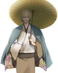  1boy ai_(ai1470) bleach blonde_hair brown_eyes brown_kimono cowboy_shot floral_print grin haori highres hirako_shinji holding holding_umbrella japanese_clothes kimono looking_at_viewer male_focus oil-paper_umbrella short_hair smile solo teeth umbrella white_background 