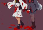  2girls asticassia_school_uniform black_footwear blood blood_on_clothes blood_splatter boots gundam gundam_suisei_no_majo head_out_of_frame high_heel_boots high_heels highres holding_hands jacket long_hair long_sleeves miorine_rembran multiple_girls natsuki_(salt78pepp) pantyhose pointing red_hair school_uniform shorts spoilers standing suletta_mercury white_hair white_jacket white_shorts wide_sleeves 