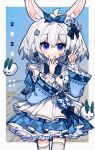  1girl 2023 absurdres animal_ears blue_eyes blush chinese_zodiac closed_mouth highres long_sleeves looking_at_viewer medium_hair original rabbit_ears shio_0585 smile solo thighhighs v white_hair white_thighhighs year_of_the_rabbit 