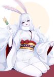  1girl absurdres animal_ears black_sclera carrot_(one_piece) colored_sclera commentary_request crazy_otama eyelashes food furry furry_female highres japanese_clothes kimono long_hair looking_at_viewer one_piece rabbit_ears red_eyes sitting solo sulong_form very_long_hair white_hair 