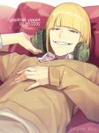  1boy bangs bleach blonde_hair blunt_bangs brown_eyes cardigan collared_shirt earphones hirako_shinji kaidou_j1 long_sleeves lying male_focus necktie on_back shirt short_hair solo teeth twitter_username upper_body yellow_cardigan 