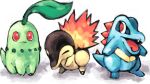  :3 blue_tail chikorita closed_mouth crocodilian cyndaquil english_commentary fangs fire green_tail leaf no_humans open_mouth pokemon pokemon_(creature) red_eyes sailorclef shadow simple_background smile spiked_tail spikes starter_pokemon_trio tail totodile white_background 