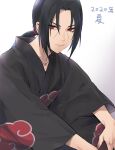  1boy 2020 adapted_costume black_hair black_kimono cloud_print hair_between_eyes hair_intakes isa_(peien516) japanese_clothes jewelry kimono long_hair long_sleeves looking_at_viewer low_ponytail male_focus nail_polish naruto naruto_(series) pendant print_kimono purple_nails red_eyes sharingan solo uchiha_itachi white_background 