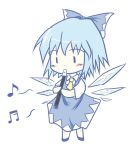  1girl blue_bow blue_dress blue_eyes blue_hair bow chibi cirno collared_shirt commentary_request dress hair_bow holding holding_instrument ice ice_wings instrument merri musical_note necktie recorder shirt short_hair short_sleeves simple_background solo spoken_musical_note touhou white_background white_shirt wings yellow_necktie 