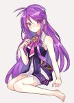  1girl aisha_landar bangs bare_arms bare_legs barefoot closed_mouth dress elsword full_body grey_background hair_between_eyes long_hair looking_at_viewer purple_eyes purple_hair sasa_(sa1008va) shiny_hair short_dress simple_background sitting solo very_long_hair 