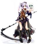  1girl ascot black_footwear boots character_request copyright_request detached_sleeves dress hair_ornament holding holding_scythe holding_skull lavender_skirt medium_hair purple_hair red_ascot red_eyes scythe skull solo twintails yudesoba 