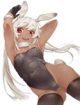  1boy :d absurdres animal_ears armpits arms_up bangs black_gloves black_leotard black_thighhighs bulge commentary_request covered_navel cowboy_shot dark-skinned_male dark_skin fishnet_thighhighs fishnets foreshortening from_below gloves highleg highleg_leotard highres leotard long_hair looking_at_viewer male_focus male_playboy_bunny original otoko_no_ko rabbit_boy rabbit_ears rabbit_tail red_eyes simple_background smile solo standing strapless strapless_leotard tail tareme tawapo teeth thick_eyebrows thighhighs upper_teeth_only white_background white_hair 