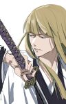  1boy ai_(ai1470) bangs bleach blonde_hair blunt_bangs brown_eyes haori highres hirako_shinji holding holding_sword holding_weapon japanese_clothes long_hair male_focus parted_lips sketch solo sword teeth upper_body weapon 