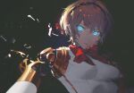  1girl aegis_(persona) android bangs blonde_hair blue_eyes bow bowtie fajyobore glowing glowing_eyes highres joints looking_at_viewer open_mouth persona persona_3 red_bow red_bowtie robot_joints simple_background solo 