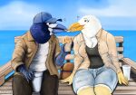  2023 anthro avian beak bench biped bird blue_body blue_feathers bottomwear breasts claws cleavage clothed clothing container cup digital_media_(artwork) doctordj duo eye_contact feathers female finger_claws grey_beak gull holding_container holding_cup holding_object lari larid looking_at_another male male/female outside sea shorts sky water white_body white_feathers yellow_beak 