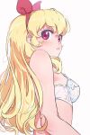  1girl aikatsu! aikatsu!_(series) bare_arms blonde_hair bow bra breasts from_below from_side hair_bow hairband highres hoshimiya_ichigo long_hair parted_lips red_bow red_eyes red_hairband shiny_hair simple_background small_breasts solo underwear underwear_only upper_body white_background white_bra yamamura_saki 