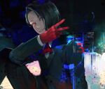  1boy absurdres bangs black_hair black_jacket collared_shirt furuta_nimura gloves hand_up head_tilt highres jacket kyuuba_melo long_sleeves looking_at_viewer mole mole_under_eye neck_ribbon parted_lips red_gloves red_ribbon ribbon shirt short_hair signature smile solo teeth tokyo_ghoul tokyo_ghoul:re v 