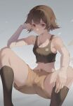  1girl armpits bangs brown_hair bulge crop_top dog_tags highres jolker kneehighs looking_at_viewer midriff niijima_makoto persona persona_5 red_eyes short_shorts shorts simple_background socks solo sweat unbuttoned_shorts 