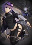  1girl andreana_(arknights) arknights black_jacket black_pants black_shirt blue_eyes closed_mouth flippy_(cripine111) goggles goggles_on_head grey_sleeves groin head_tilt highres jacket long_sleeves midriff navel open_clothes open_jacket pants purple_hair shiny_hair shirt short_hair smile solo stomach tentacles 