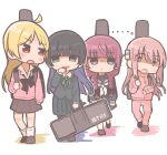  ... 4girls aged_down ahoge aqua_eyes bangs black_hair black_serafuku blazer blonde_hair blue_eyes blunt_bangs bocchi_the_rock! bow bowtie braid cardigan carrying_bag chin_piercing commentary_request cube_hair_ornament ear_piercing garubegaru gotou_hitori guitar_case hair_between_eyes hair_bow hair_ornament highres hime_cut hiroi_kikuri ijichi_seika instrument_case jacket long_hair loose_necktie multiple_girls neck_ribbon necktie nervous one_side_up open_mouth pa-san pants parted_bangs piercing pink_cardigan pink_hair pleated_skirt purple_hair ribbon school_uniform serafuku serious sidelocks simple_background skirt smug socks staring time_paradox track_jacket track_pants twin_braids white_socks 