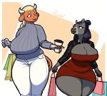  2023 anthro asinus bag belly beverage big_belly big_breasts bimbo_lip bottomwear bovid bovine breasts cattle chorisa clothed clothing coffee coffee_cup container cup curvaceous curvy_figure digital_media_(artwork) donkey duo equid equine eyebrows eyelashes eyeshadow fan_character female fingers haibet hair hi_res holding_object horn horse huge_breasts hybrid lips lipstick lower_lip maita makeup mammal miniskirt mule open_mouth overweight popping_breasts sfw simple_background skirt slightly_chubby smile sweater thick_bottom_lip thick_lips thick_thighs tight_clothing topwear voluptuous wide_hips 