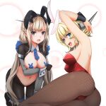  2girls all_fours animal_ears arm_behind_head arm_under_breasts arm_up armpits ass black_gloves black_pantyhose blonde_hair blue_bow blue_eyes blue_necktie bow braid breasts cameltoe colorado_(kancolle) detached_sleeves fake_animal_ears fishnet_pantyhose fishnets french_braid gloves hair_bow headgear highres kantai_collection large_breasts leotard light_brown_hair long_hair low_twintails lying maebari maryland_(kancolle) meme_attire multiple_girls navel necktie on_side open_mouth pantyhose playboy_bunny rabbit_ears radio_antenna red_leotard reverse_bunnysuit reverse_outfit short_hair shrug_(clothing) side_braids strapless strapless_leotard tr-6 twintails wrist_cuffs 