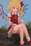  1girl absurdres ascot bangs blonde_hair blue_sky closed_mouth crossed_legs crystal flandre_scarlet full_body grass highres medium_hair one_side_up red_eyes red_footwear red_skirt red_vest reddizen shirt short_sleeves sitting skirt sky socks solo touhou vest white_shirt white_socks wings wrist_cuffs yellow_ascot 