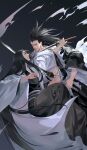  1boy 1girl battle black_hair black_hakama black_kimono bleach bleach:_the_thousand-year_blood_war dark_background hakama hakama_pants haori highres holding holding_sword holding_weapon japanese_clothes katana kimono long_hair looking_at_another pants ruoruoqiuu scar scar_on_face simple_background spiked_hair sword taichou_haori unohana_retsu very_long_hair weapon zaraki_kenpachi 