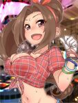  1girl aino_nagisa armlet blurry blurry_background blush bouncing_breasts bow breasts brown_hair check_commentary cleavage collarbone commentary commentary_request crop_top eyelashes flying_sweatdrops gloves hair_bow idolmaster idolmaster_cinderella_girls kurushima_gire large_breasts looking_at_viewer navel open_mouth ponytail purple_eyes shirt short_sleeves smile stomach sweat tied_shirt tongue upper_body 