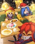  3girls alternate_costume beanie blonde_hair blue_hair cake car-mouth_cake chalkboard chef_kawasaki closed_eyes disembodied_limb flamberge_(kirby) food francisca_(kirby) hat highres kirby kirby:_star_allies kirby_(series) kirby_cafe leo_taranza looking_at_viewer multiple_girls one_eye_closed red_hair santa_hat solid_oval_eyes table waddle_dee zan_partizanne 