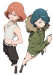  2girls back-to-back bangs blue_eyes blue_hair breasts brown_footwear brown_pants choker closed_mouth crossed_arms full_body fur-trimmed_hood fur_trim green_eyes green_jacket gundam gundam_suisei_no_majo hair_between_eyes hands_on_hips highres holding holding_notepad holding_pencil hood hooded_jacket jacket long_sleeves looking_at_viewer midriff mogumo multiple_girls navel norea_du_noc notepad official_art orange_hair pants pencil shirt shorts simple_background smile sophie_pulone standing stomach swept_bangs t-shirt torn_clothes torn_shorts white_background white_choker white_shorts 